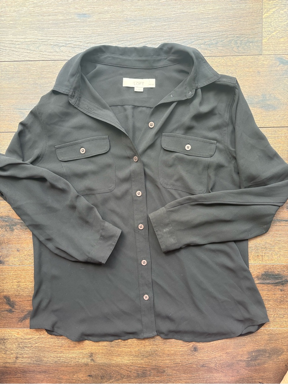LOFT Black Button-Front Utility Blouse
